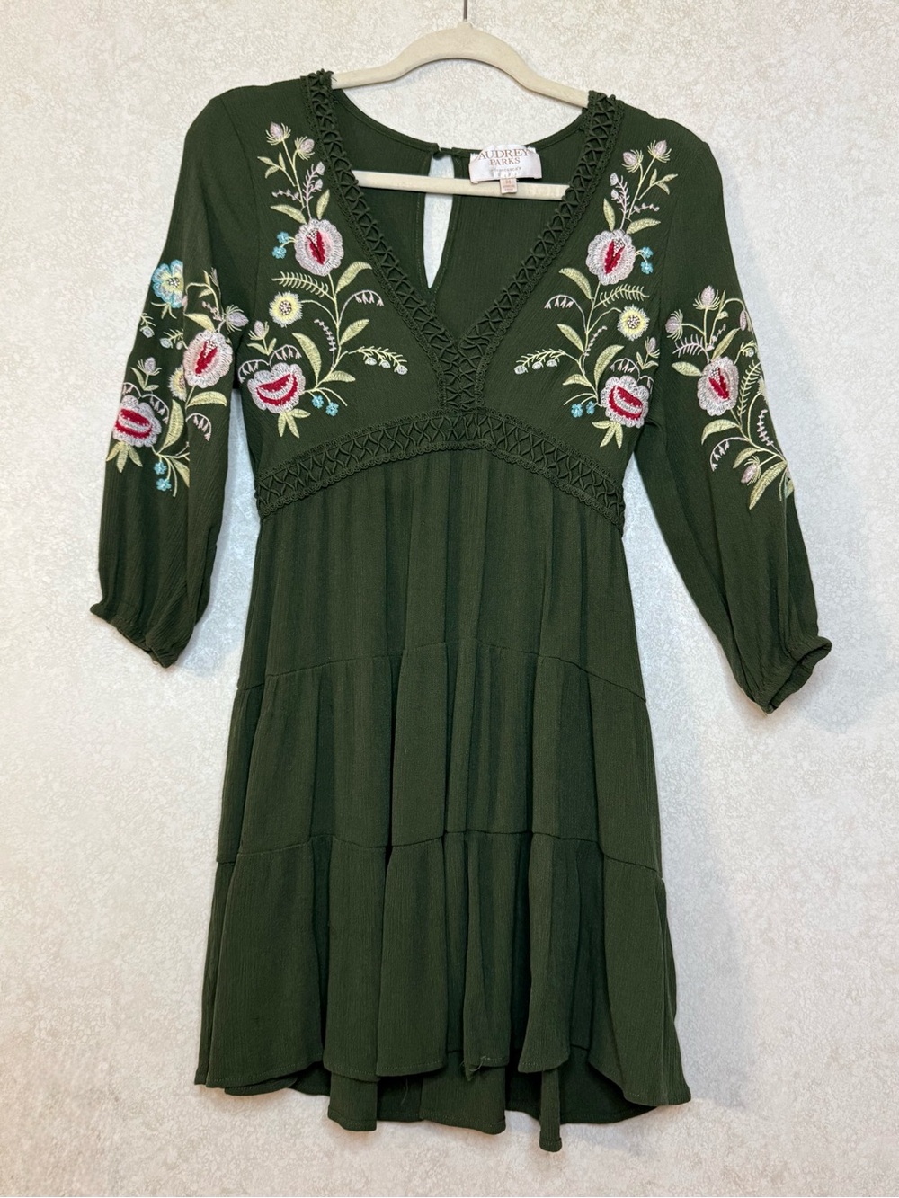 Olive Green Floral Embroidered Tiered Mini Dress